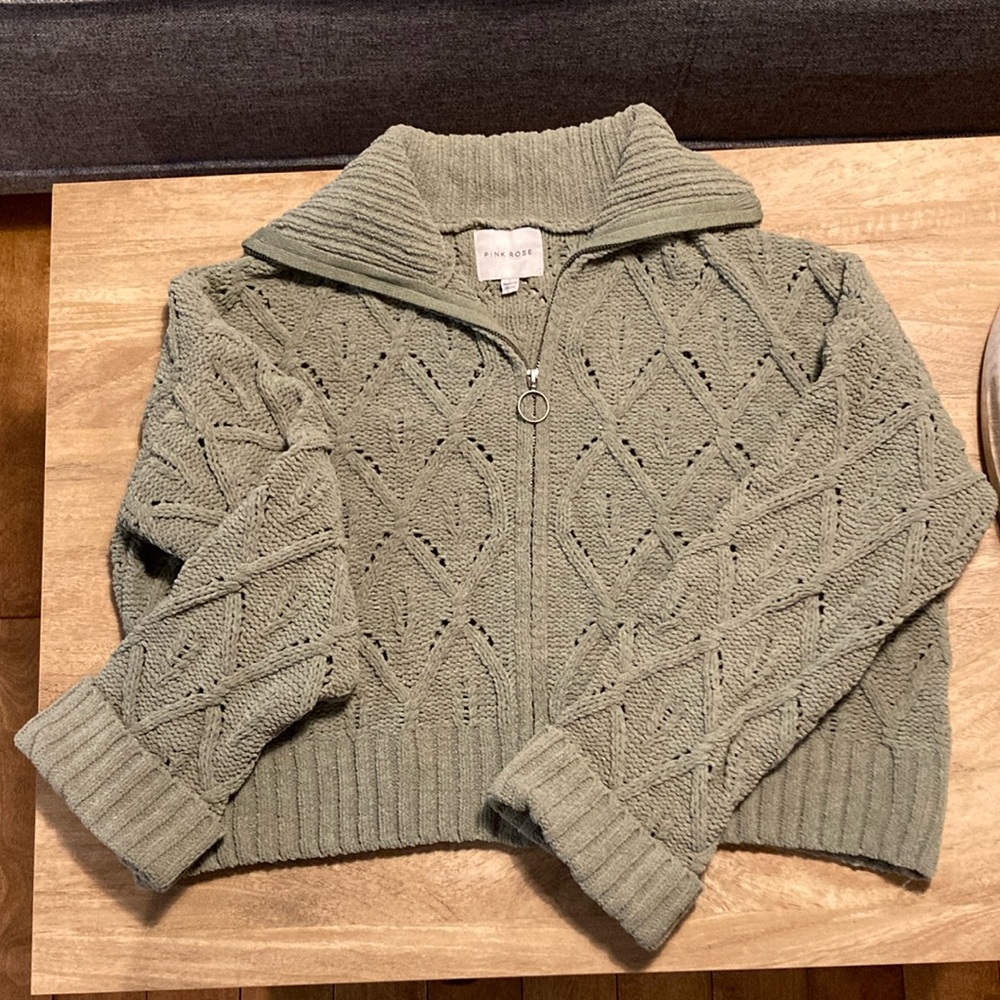 Pink Rose Green Cable Knit Cardigan Sweater. Size: L